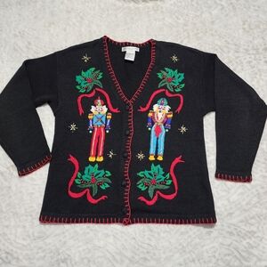 Victoria Jones Woman Black Cardigan with Red and Green Accents